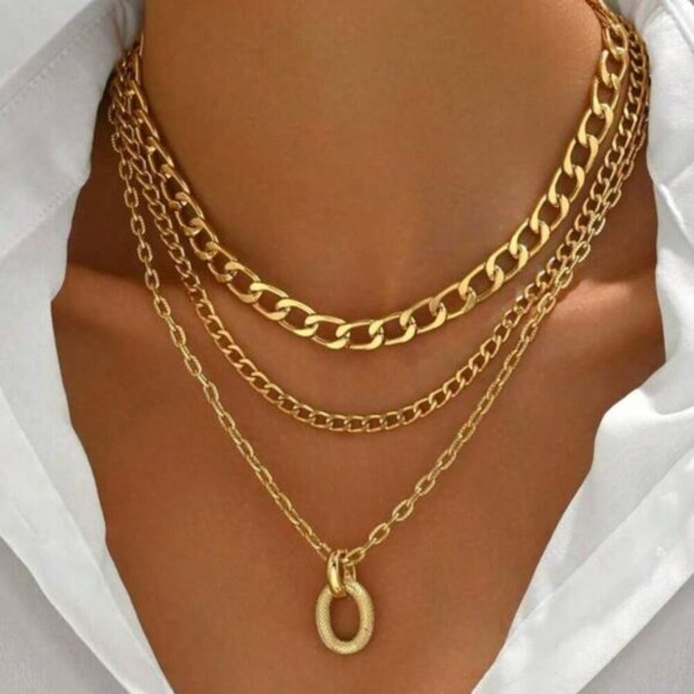 14K Gold Filled Gold Multi-Layer Curb Chain Necklace with Textured Oval Pendant